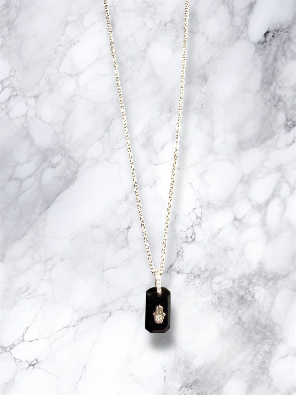 Black Onyx and CZ hamsa pendant sterling silver necklace