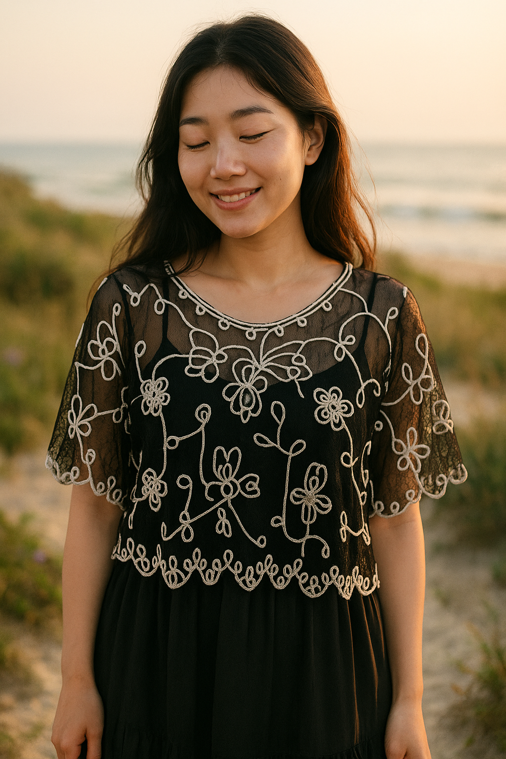 Unexpectedly You Midnight Petal Embroidered Mesh Top