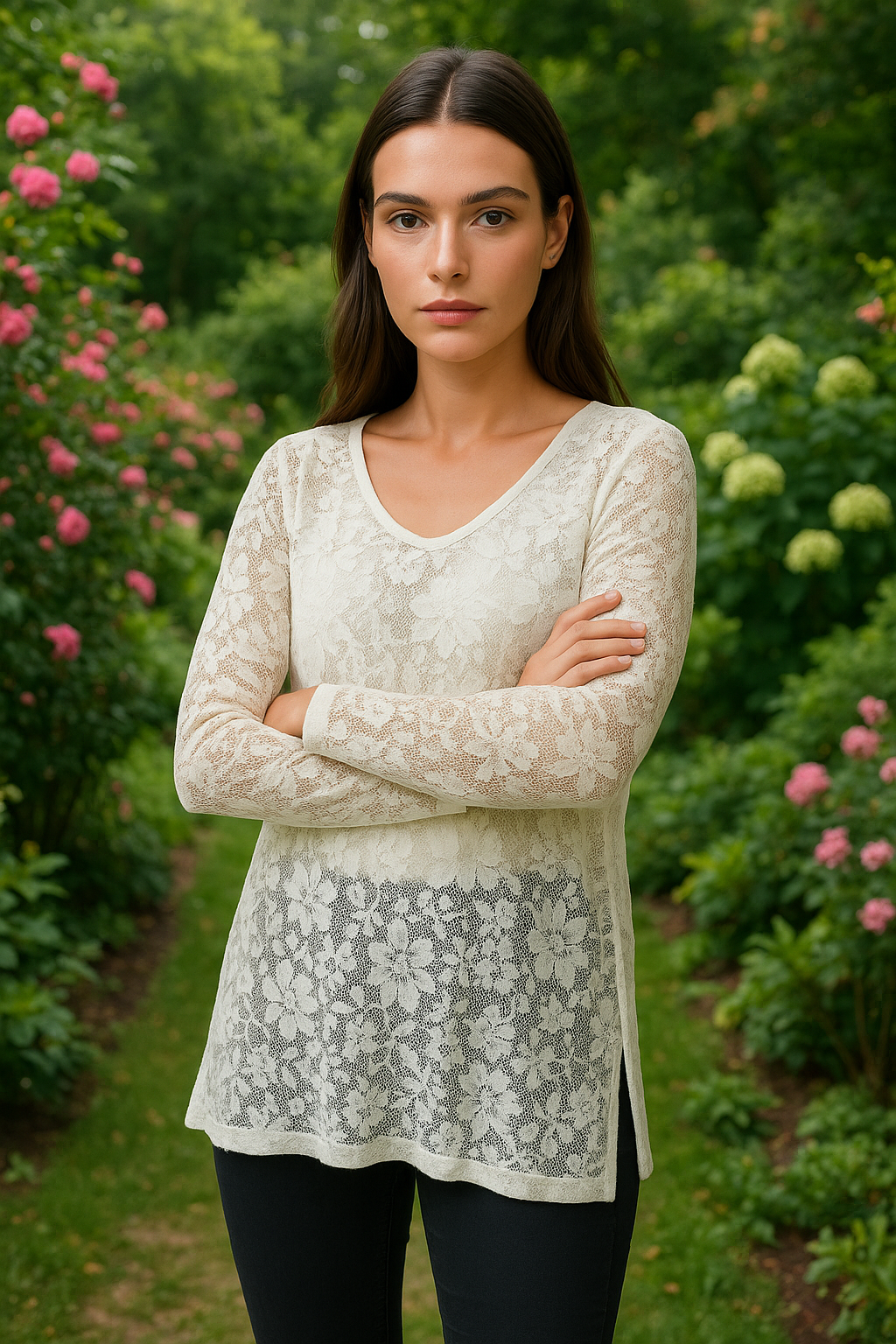 Unexpectedly You Ivory Bloom Sheer Floral Lace Long-Sleeve Top