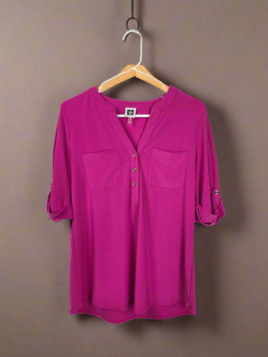 Magenta Roll-Tab Sleeve Blouse – Button-Front V-Neck Top - Unexpectedly You