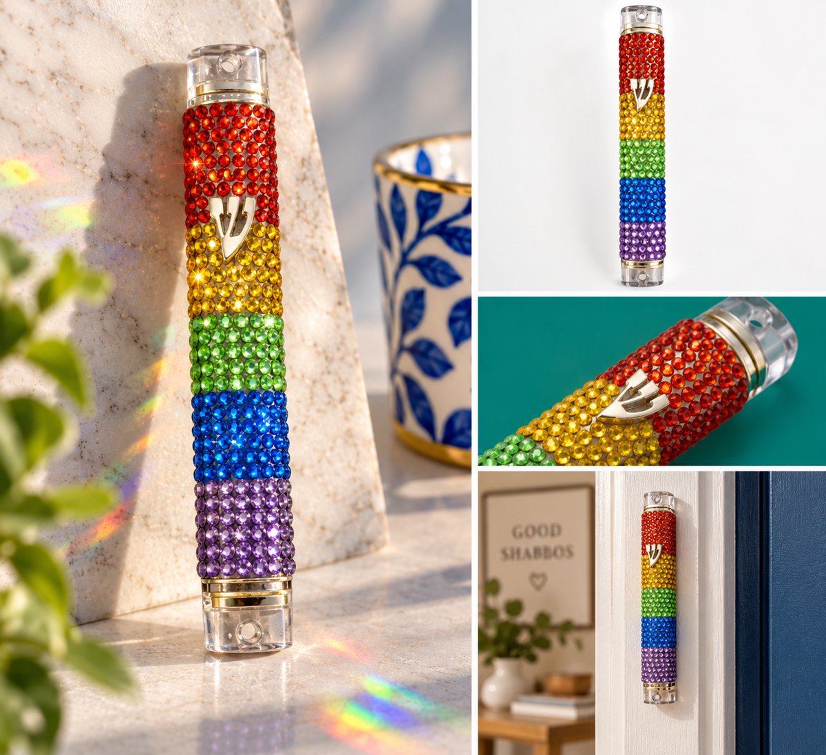 Rainbow Riot Rhinestone Mezuzah Case