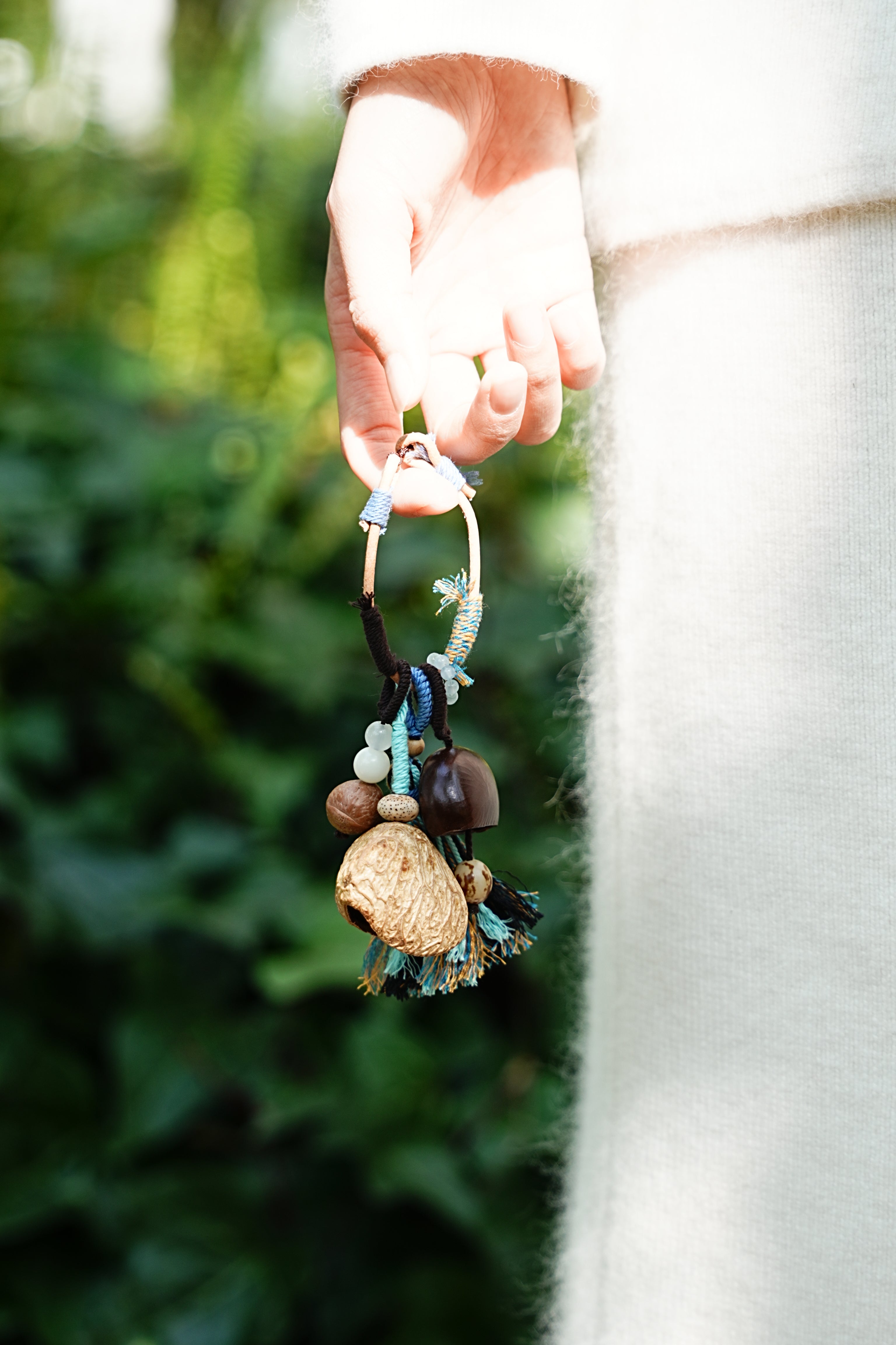 "The Azure Spirit" - Natural Nut Bag Charm with Boho Blue Tassel & Wrapped Loop