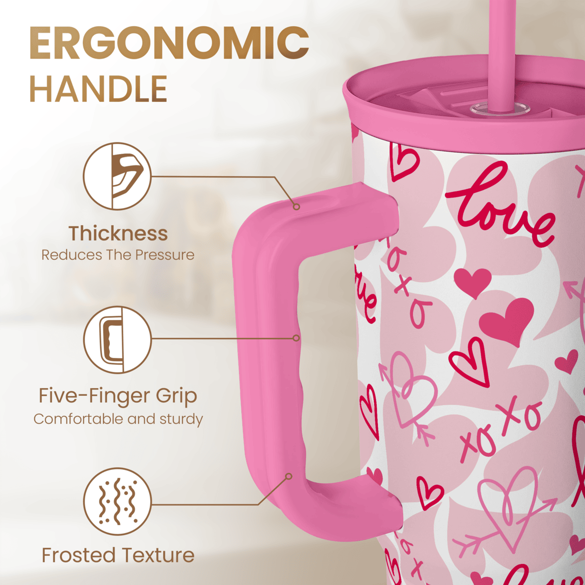 Heart Tumbler with Handle 40oz, Valentines Stainless Steel Insulated Tumblers Coffee Travel Cup with Straw Lid, Gifts for Women Girl