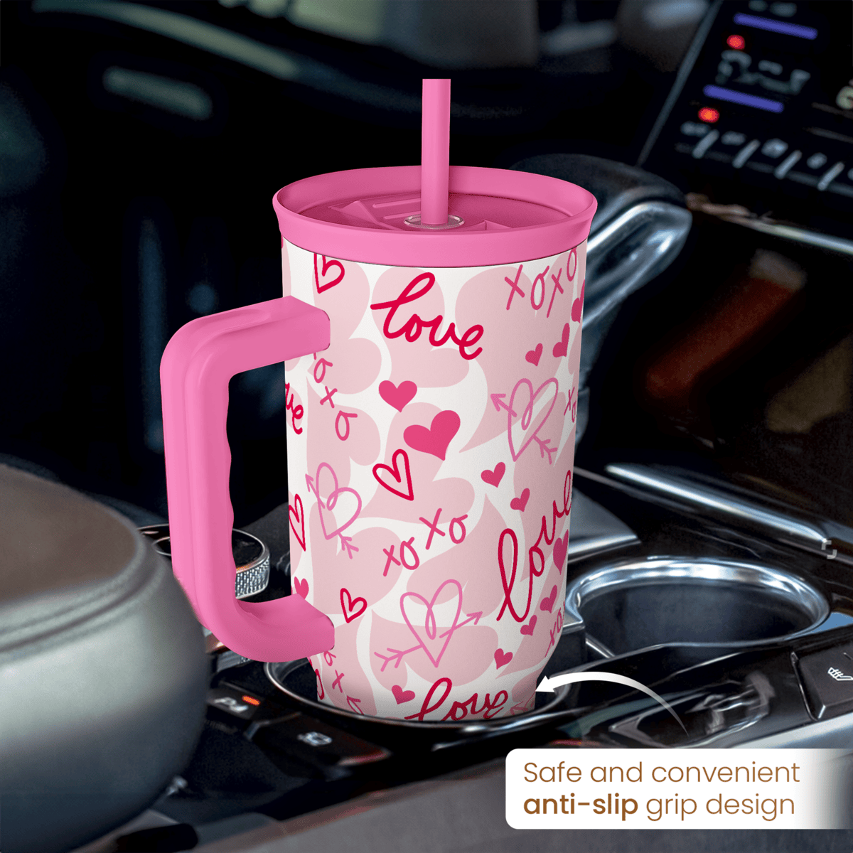 Heart Tumbler with Handle 40oz, Valentines Stainless Steel Insulated Tumblers Coffee Travel Cup with Straw Lid, Gifts for Women Girl