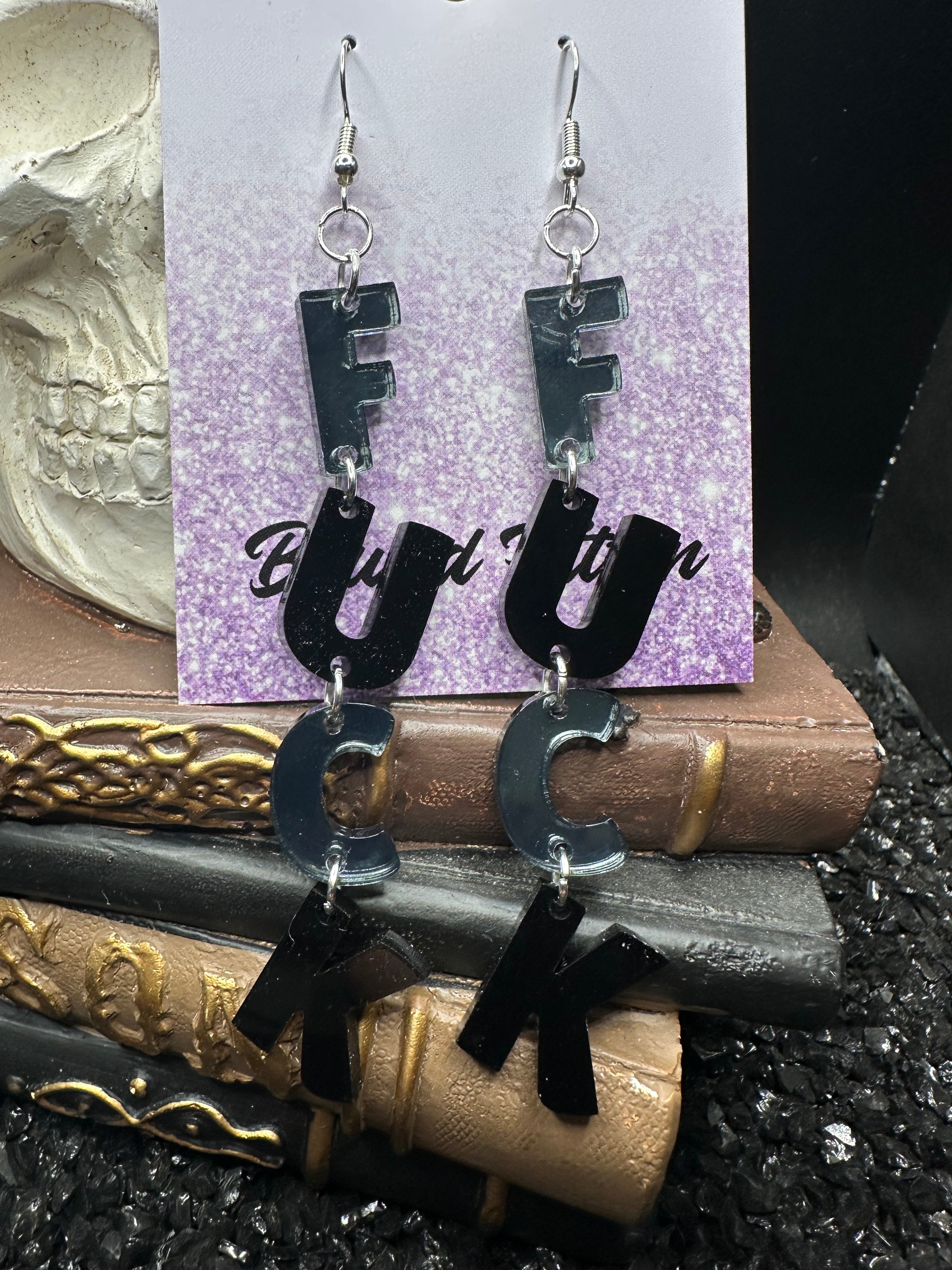FUCK Mirrored Grey Acrylic Earrings