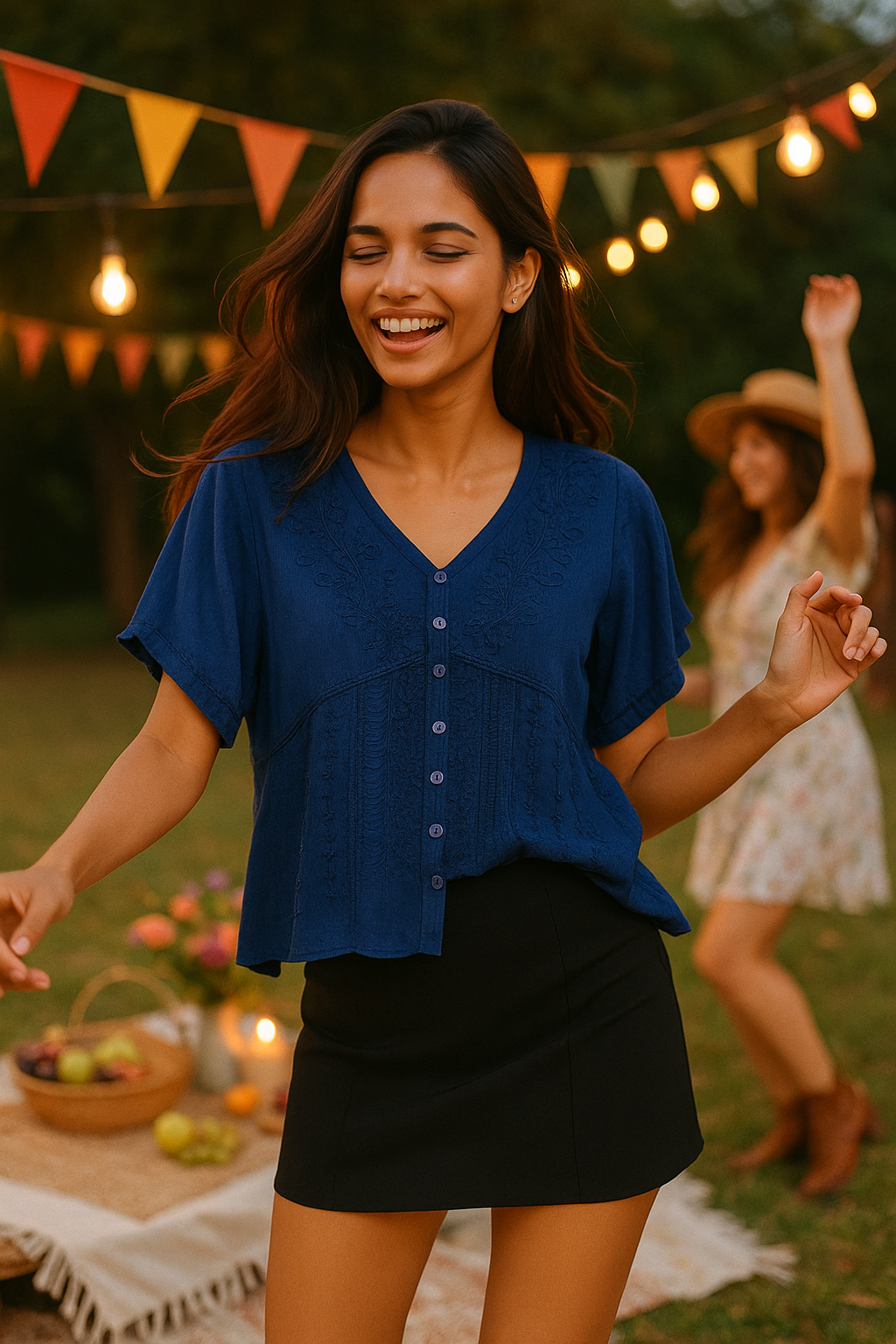 Unexpectedly You Midnight Harmony – Deep Blue Boho Embroidered Blouse