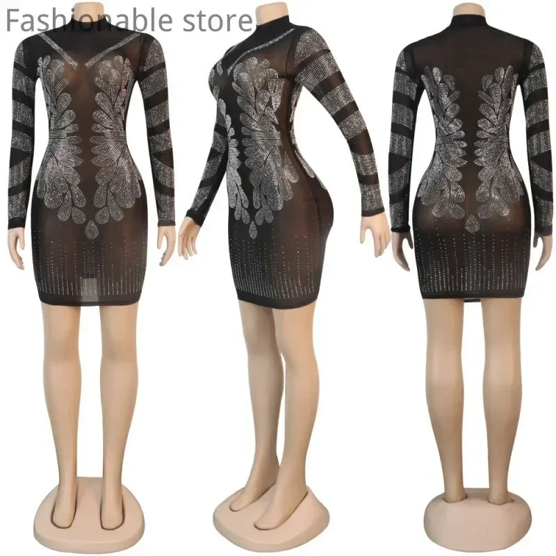 Sheer Mesh Rhinestone Bodycon Party Dress – product image 9