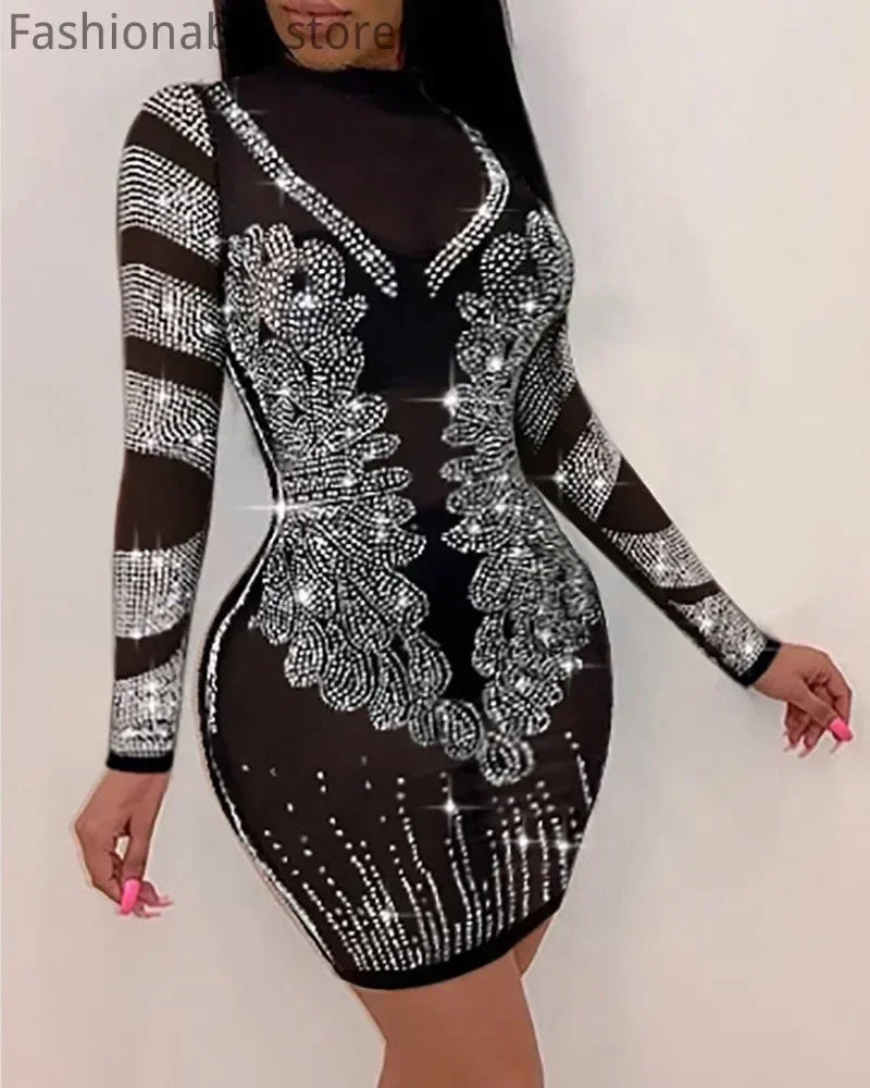 Sheer Mesh Rhinestone Bodycon Party Dress – product image 3