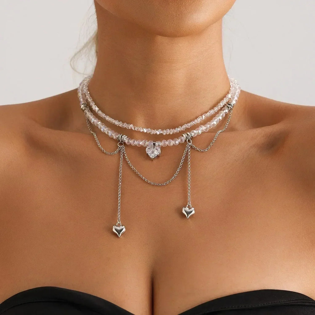 Fashion Heart Beaded Necklace for Women Boho Elegant Irregular Crystal Chain Y2K Choker Exquisite Party Gift Jewelry Accessories