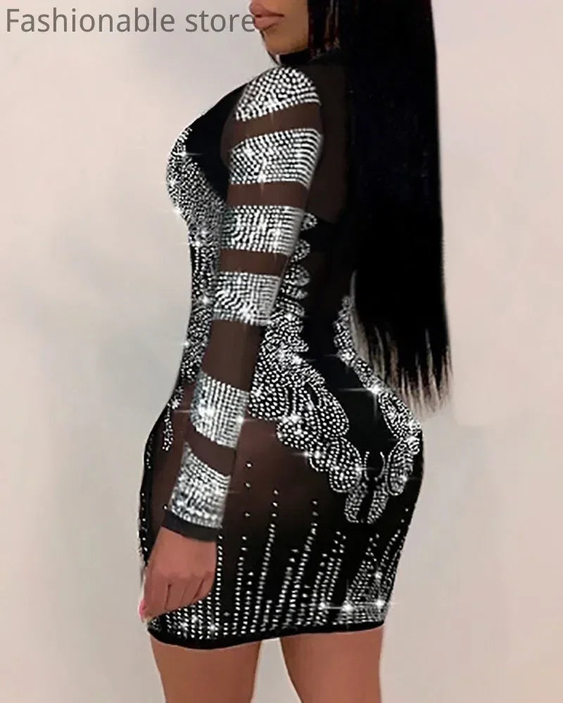 Sheer Mesh Rhinestone Bodycon Party Dress – product image 2