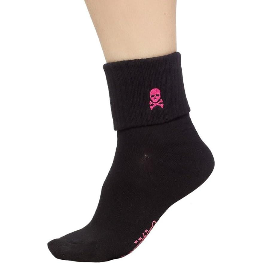 Sourpuss Skull Socks in Set of Two | Pink White Striped & Black Cuffed Novelty Socks Women Size 5-10