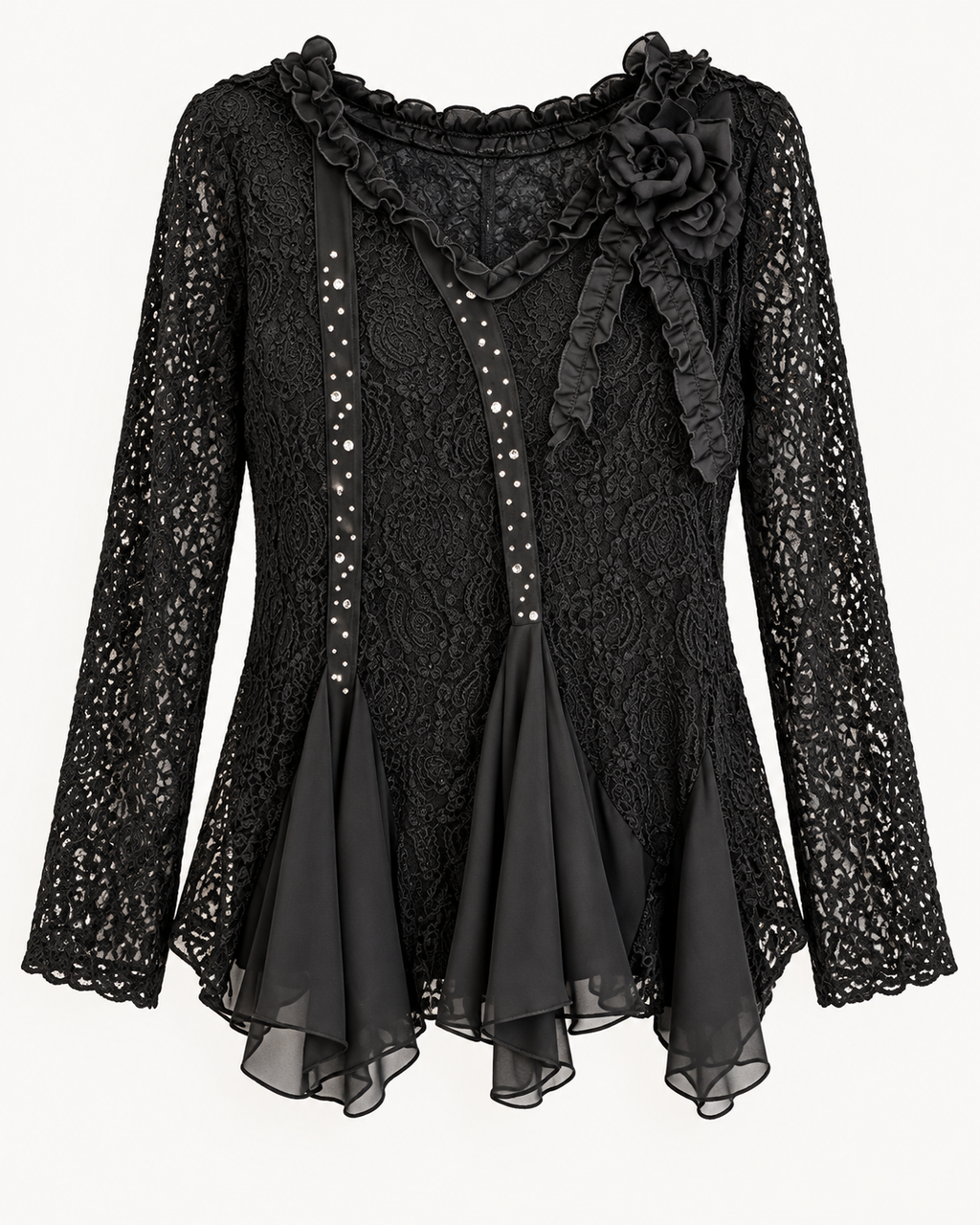 Unexpectedly You Midnight Lace Black Pearl Boho Asymmetrical Tunic — front flat view
