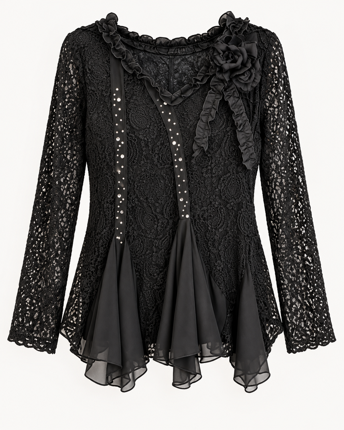 Unexpectedly You Midnight Lace Black Pearl Boho Asymmetrical Tunic — front flat view