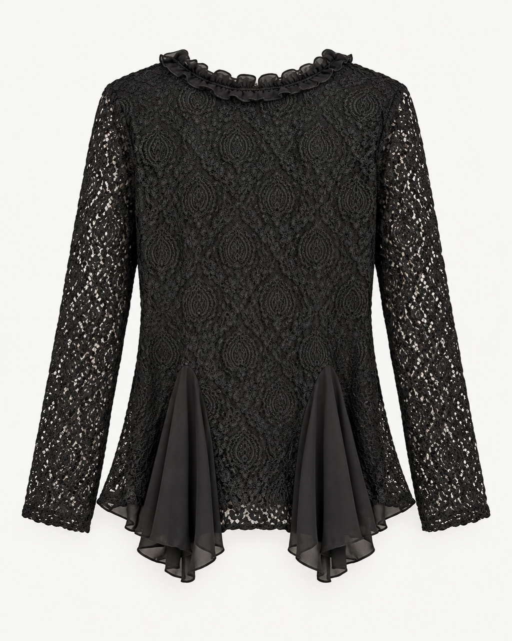 Unexpectedly You Midnight Lace Black Pearl Boho Asymmetrical Tunic — back flat view