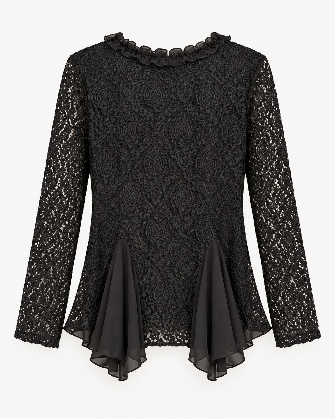 Unexpectedly You Midnight Lace Black Pearl Boho Asymmetrical Tunic — back flat view