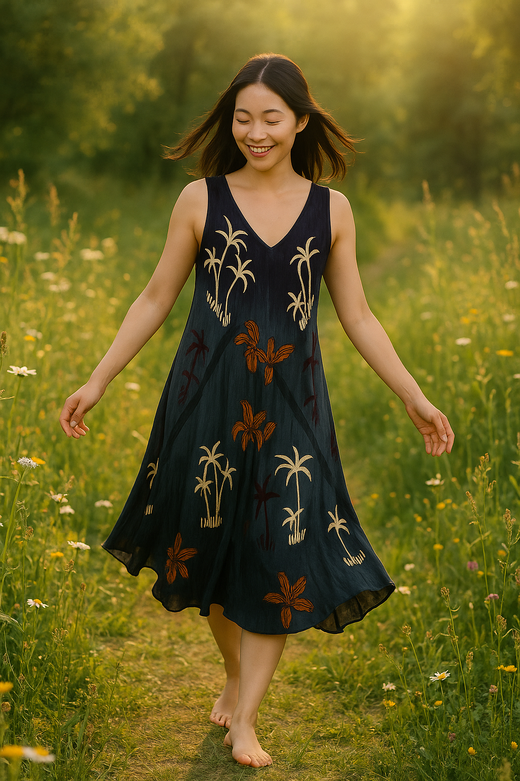 Unexpectedly You Midnight Palms – Black & Orange Hand-Painted Boho Dress