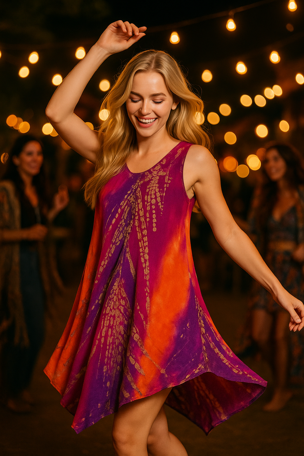 Unexpectedly You Sunset Bloom – Orange & Purple Tie-Dye Asymmetrical Dress