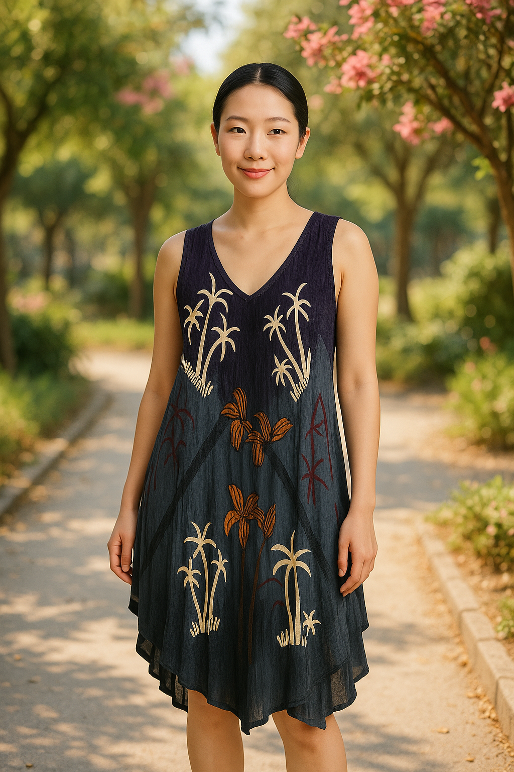 Unexpectedly You Midnight Palms – Black & Orange Hand-Painted Boho Dress