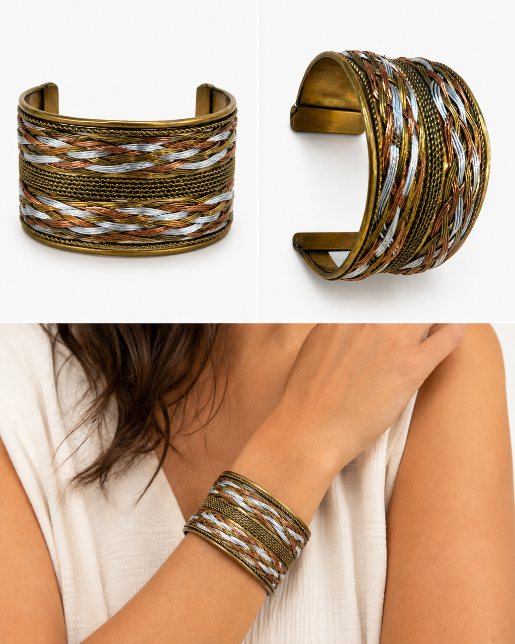 Trinity Weave mixed-metal braided cuff bracelet worn on a woman