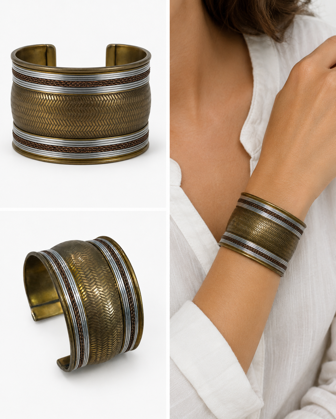 Bronze Rhythm textured mixed-metal cuff bracelet worn on a woman