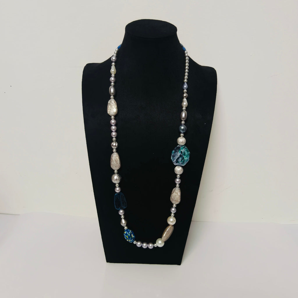 Handmade Resin & Shell Bead Necklace |  Artistic Beaded Statement Necklace |  Long Lightweight Boho Jewelry for Women (MAC346)