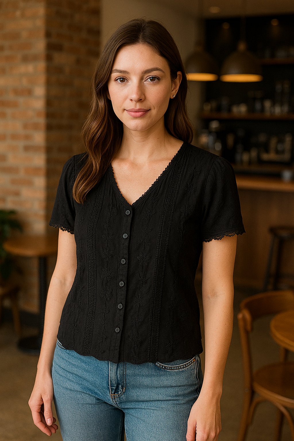 Unexpectedly You Noir Whisper Floral Textured Button Top