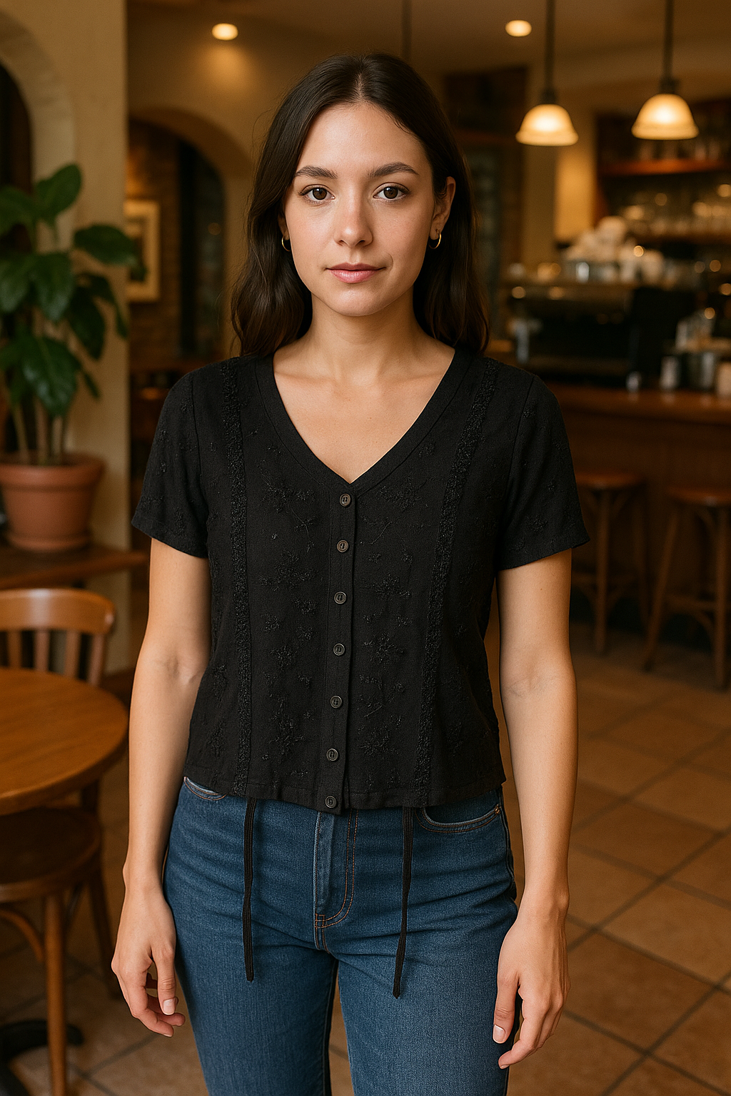 Unexpectedly You Midnight Petal Button-Front Embroidered Top