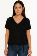 Unexpectedly You Midnight Petal Button-Front Embroidered Top