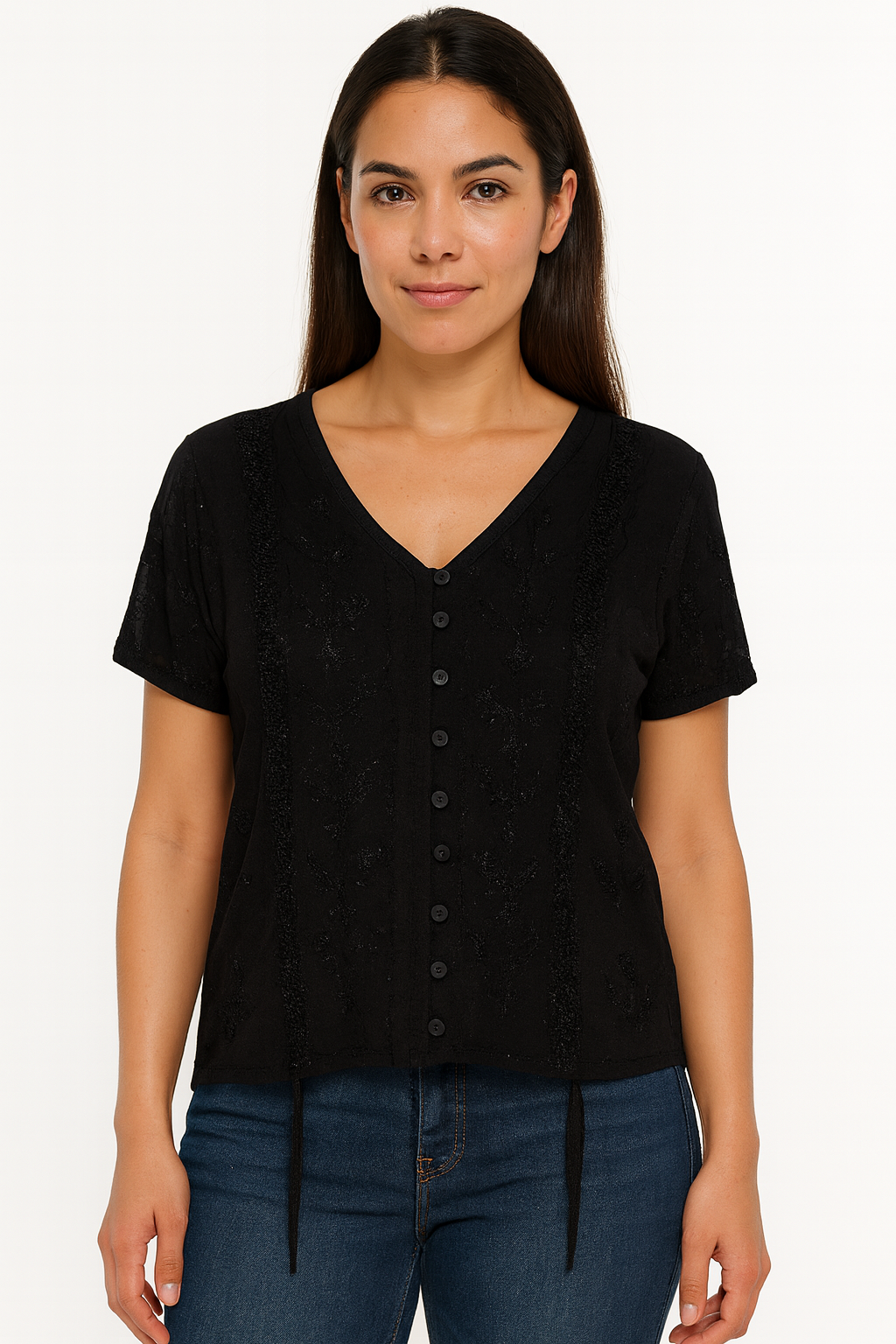 Unexpectedly You Midnight Petal Button-Front Embroidered Top