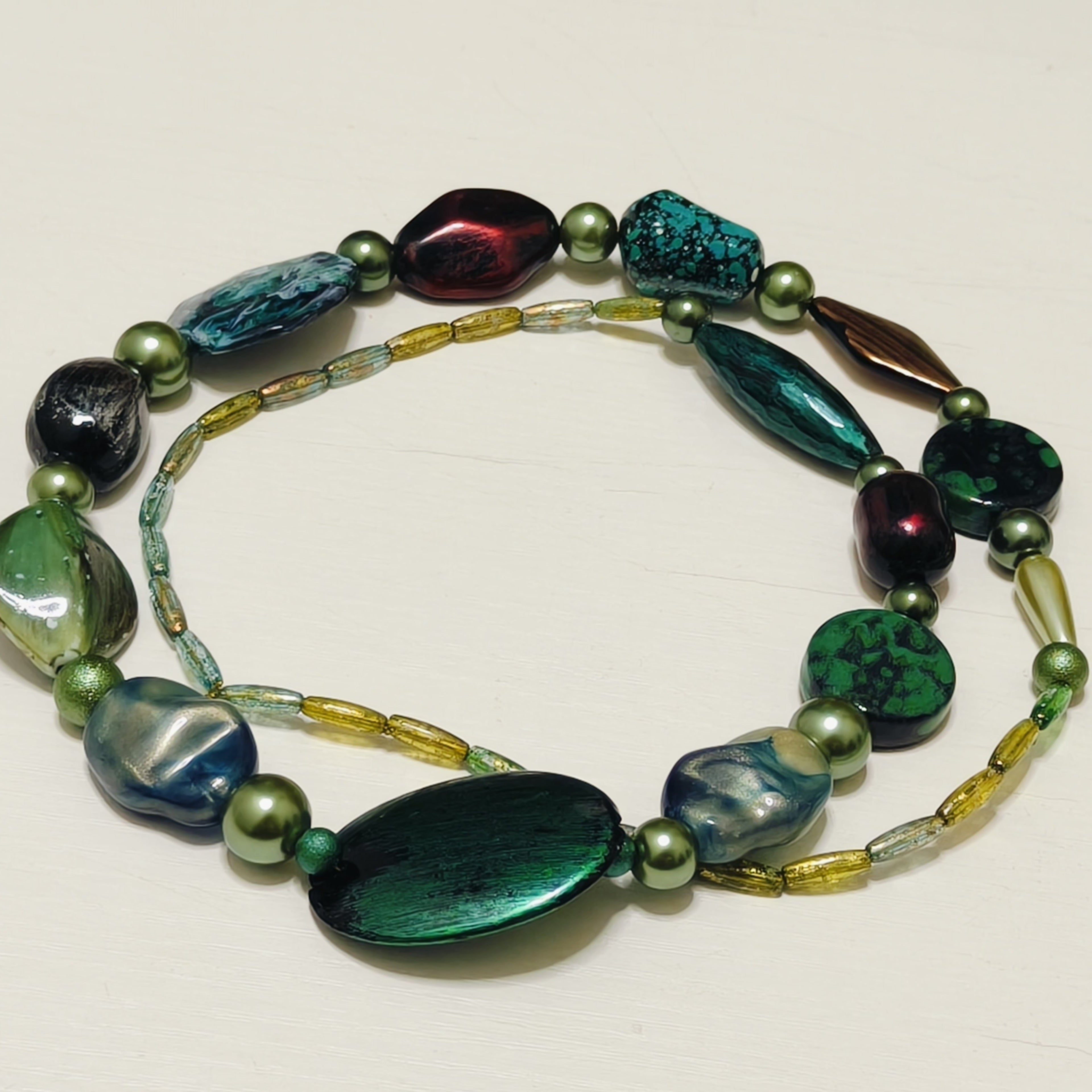 Handmade Resin & Shell Bead Necklace |  Artistic Beaded Statement Necklace |  Long Lightweight Boho Jewelry for Women (MAC346)