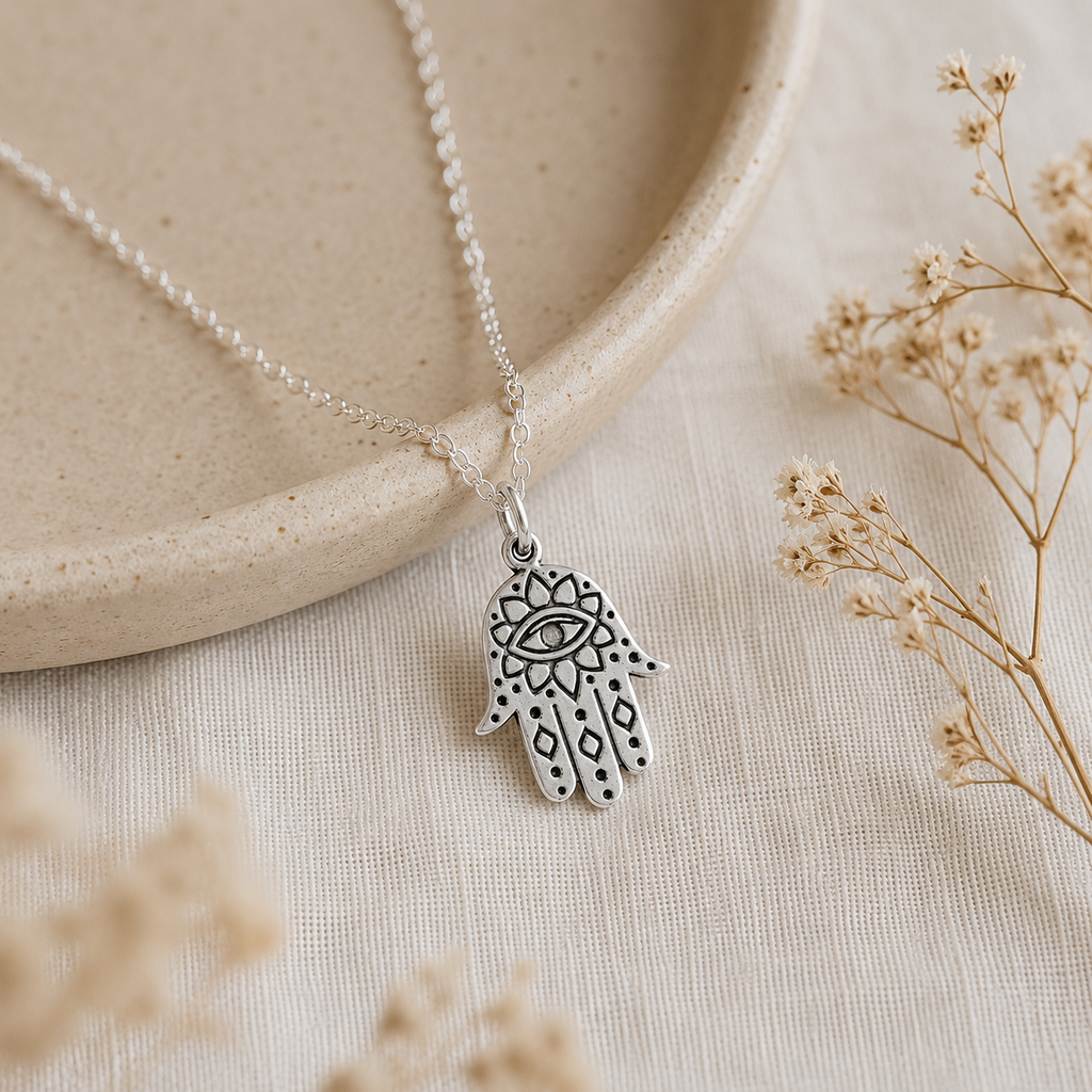 Sterling Silver Hamsa Necklace – Dainty Evil Eye Protection Charm