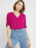 Magenta Roll-Tab Sleeve Blouse – Button-Front V-Neck Top - Unexpectedly You