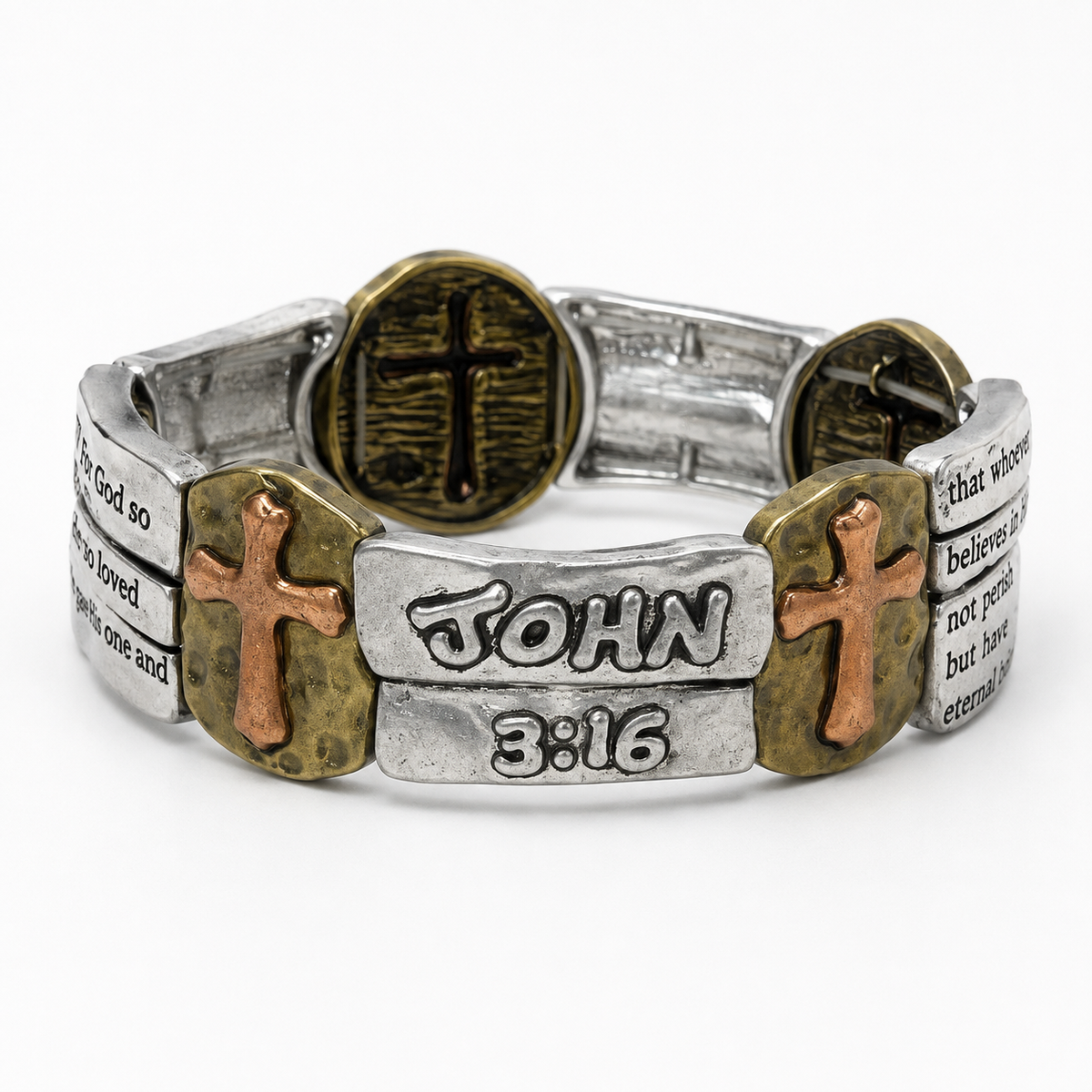 John 3:16 mixed-metal Christian cross bracelet - front product view