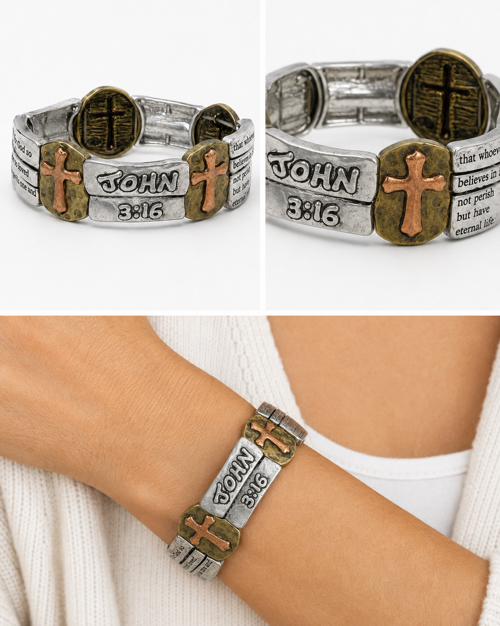 John 3:16 Christian cross bracelet worn on a wrist