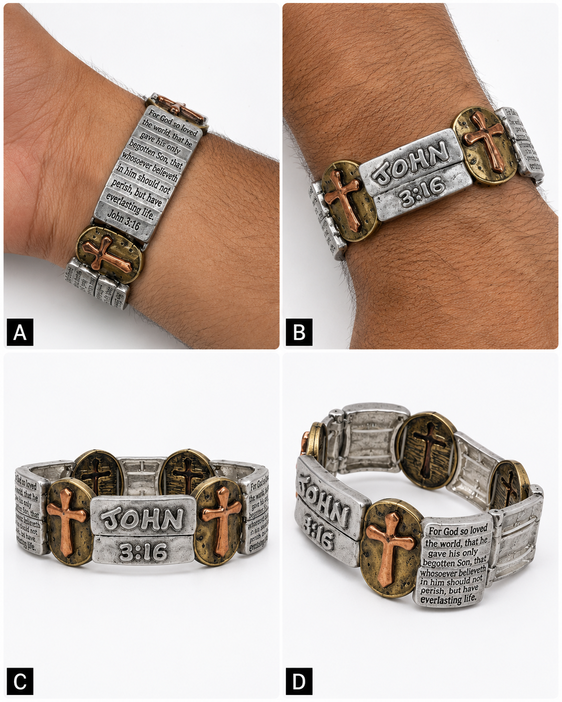 John 3:16 bracelet alternate angles showing scripture panels and cross details