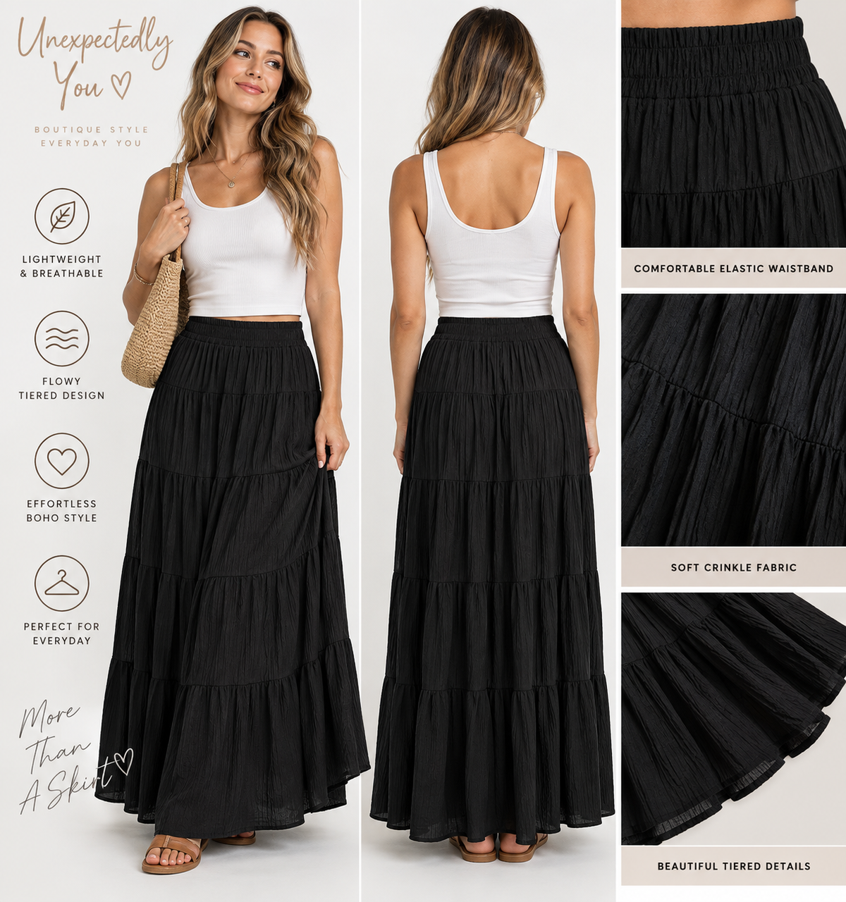 Unexpectedly You Midnight Tier Black Crinkle Maxi Skirt — feature collage