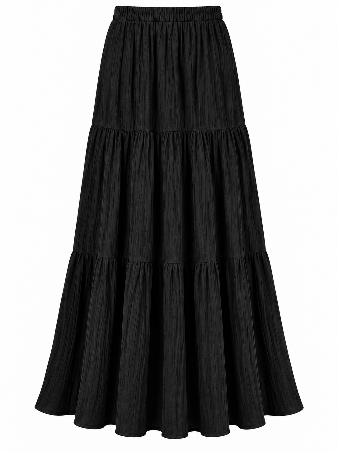 Unexpectedly You Midnight Tier Black Crinkle Maxi Skirt — flat front