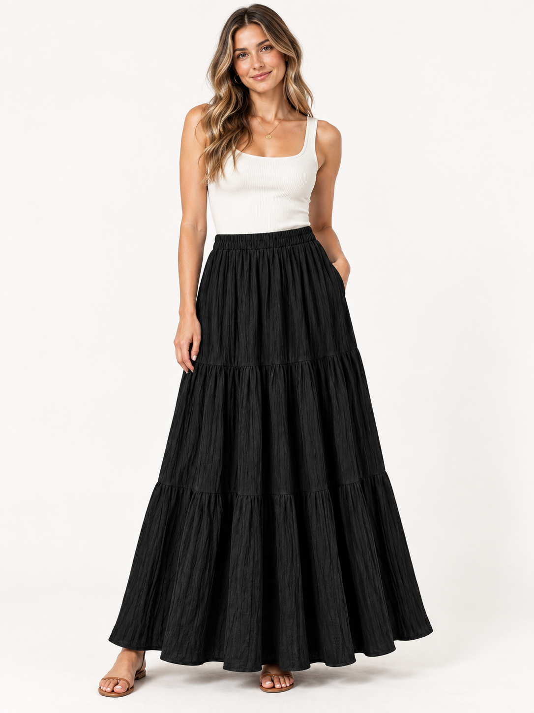 Unexpectedly You Midnight Tier Black Crinkle Maxi Skirt — model view