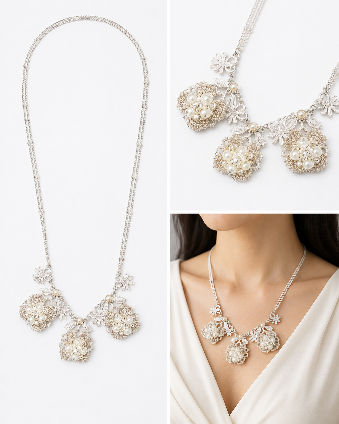 Crystal Cascade rhinestone necklace and earrings styled on a woman