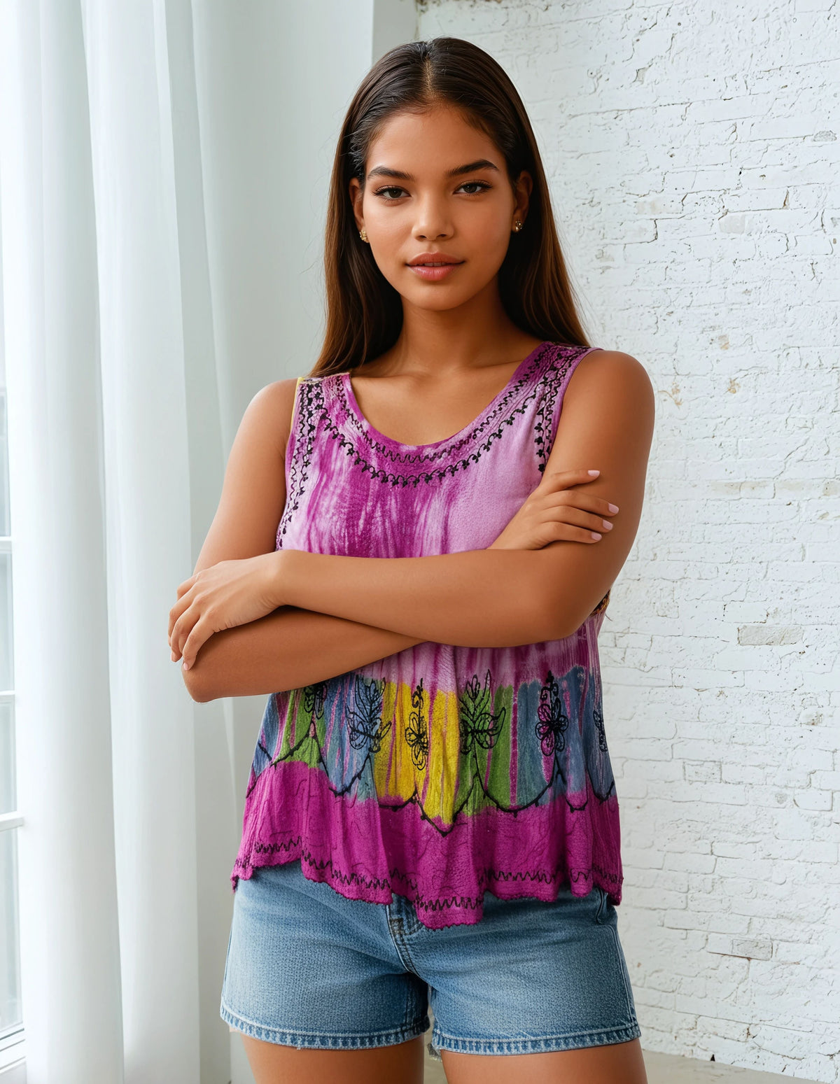 Orchid Bloom Embroidered Rainbow Tank Top — AI-generated model view (tagged)