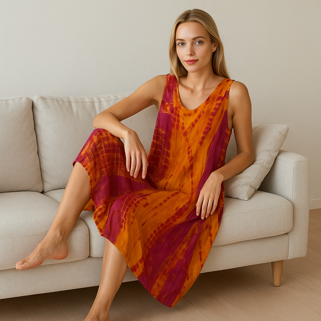 Unexpectedly You Sunset Muse – Orange & Magenta Tie-Dye Midi Dress