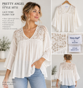 Model wearing Pretty Angel style AM-SK-10711 white lace-yoke flowy top