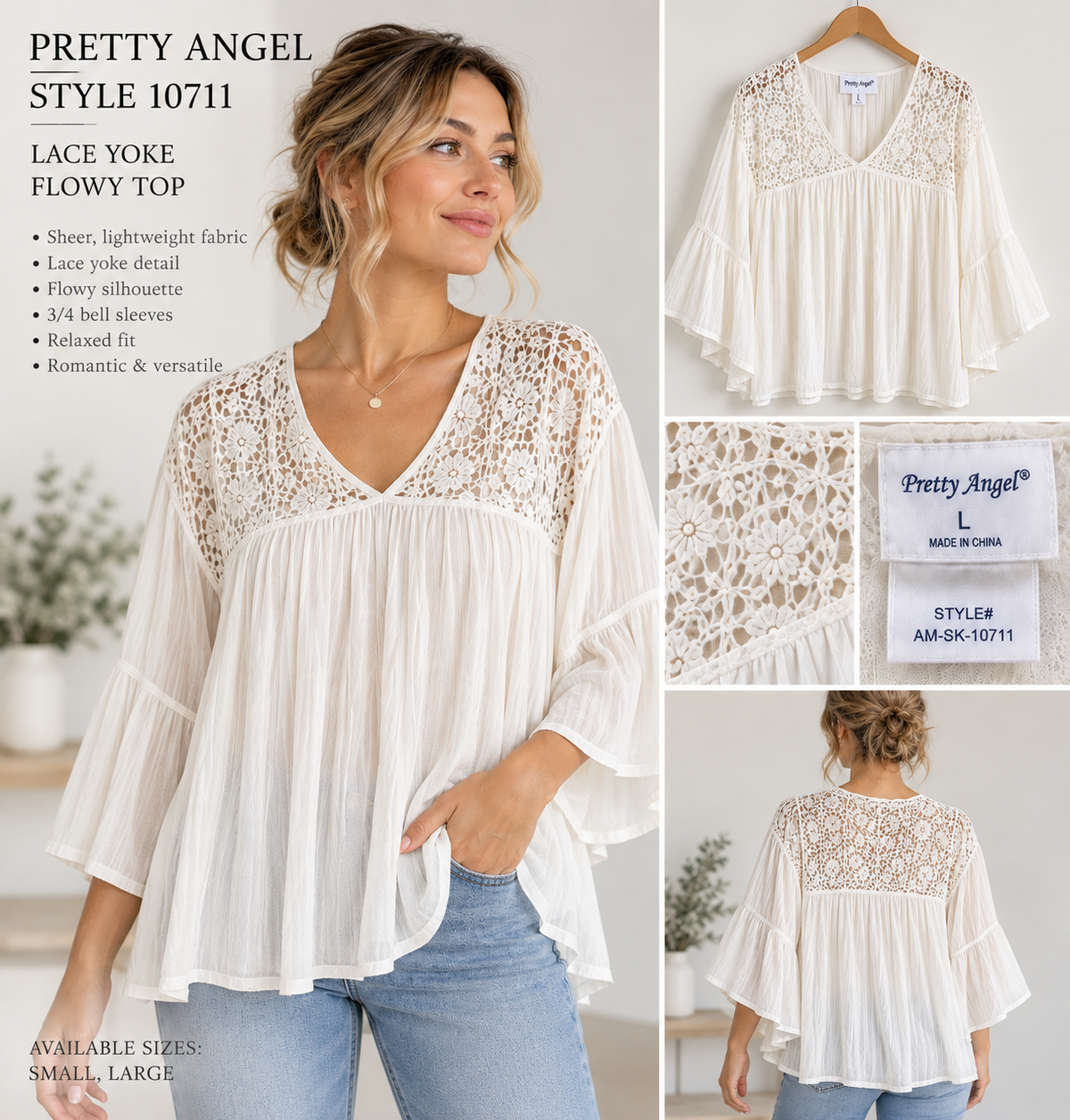 Model wearing Pretty Angel style AM-SK-10711 white lace-yoke flowy top
