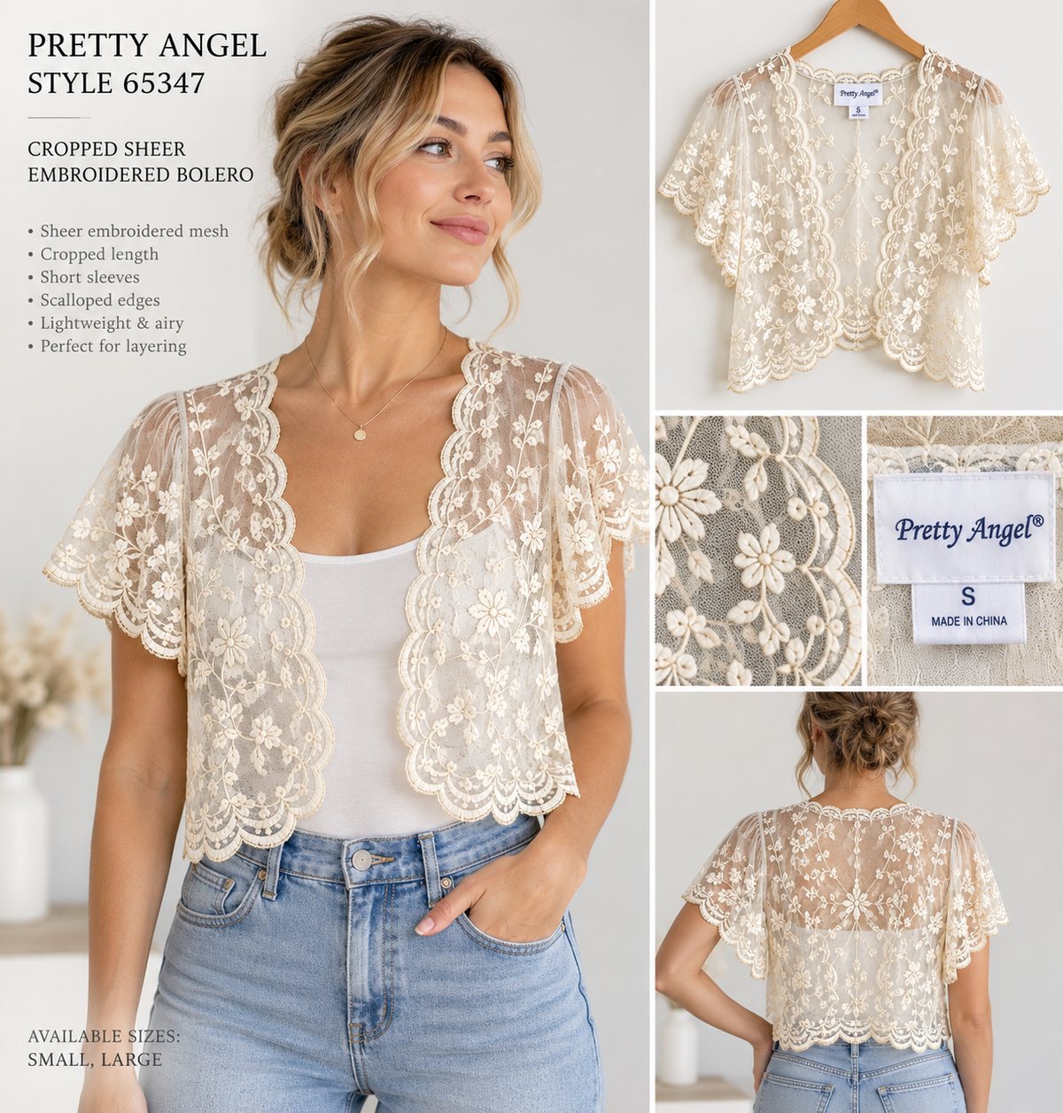 Model wearing Pretty Angel style ACR-ER-65347 ivory sheer embroidered cropped bolero