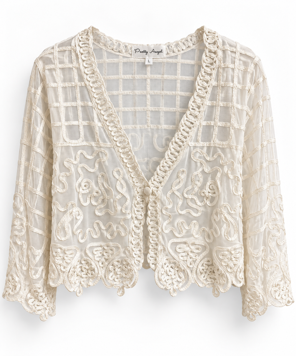 Unexpectedly You Pretty Angel Embroidered Sheer Open-Front Layer — Style 65354, Pretty Angel brand tag, size L