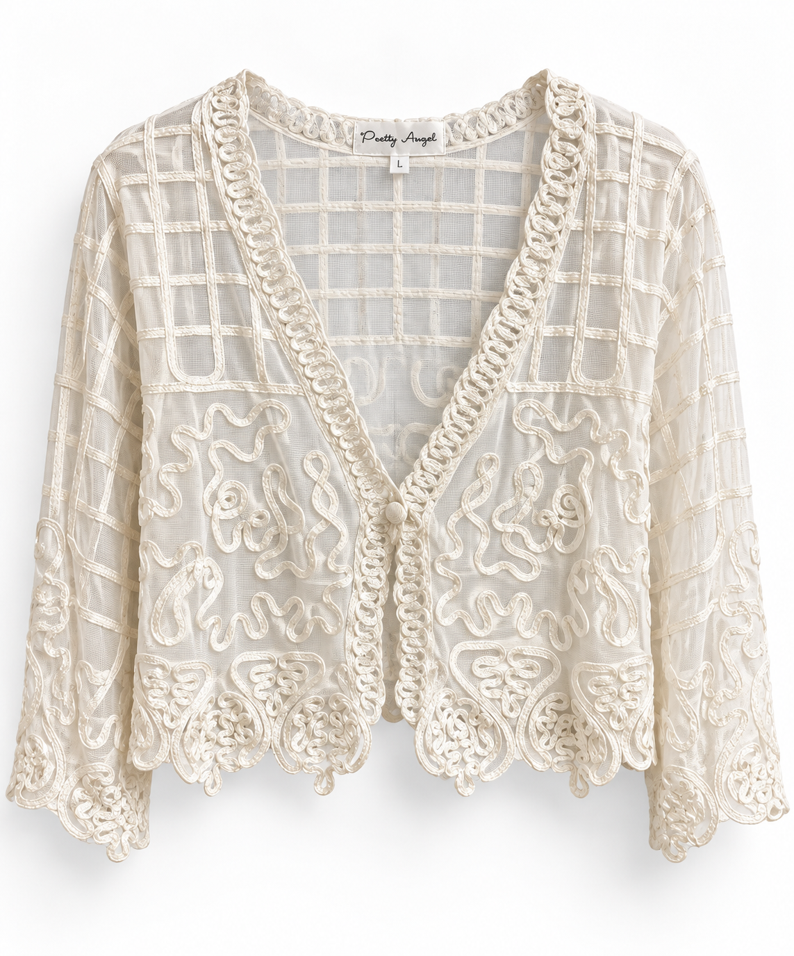 Unexpectedly You Pretty Angel Embroidered Sheer Open-Front Layer — Style 65354, Pretty Angel brand tag, size L