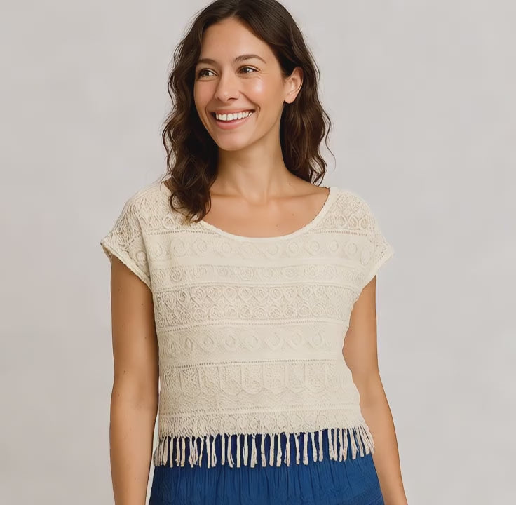 Vintage Boho Lace Fringe Top – Cream Crochet Short Sleeve Blouse