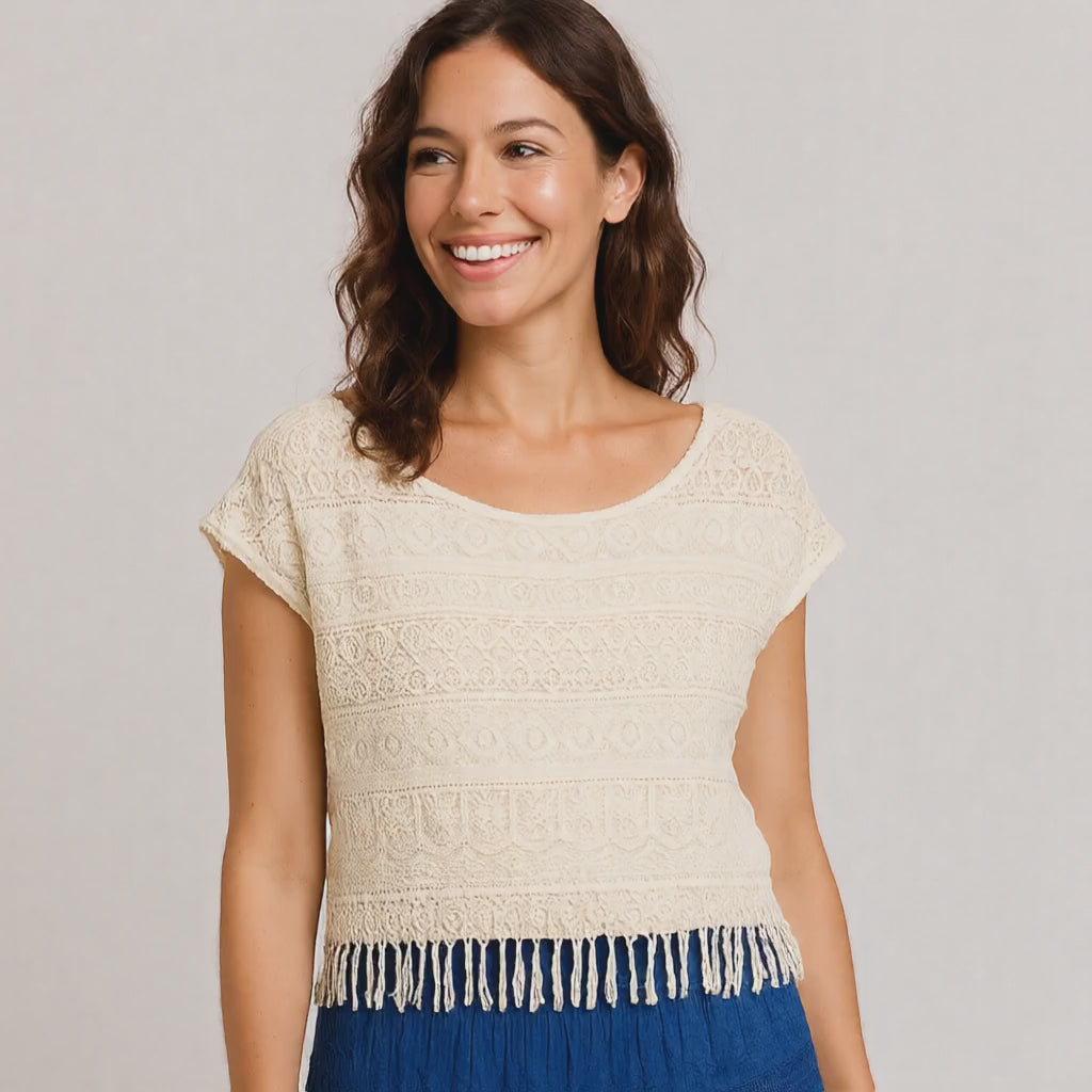 Vintage Boho Lace Fringe Top – Cream Crochet Short Sleeve Blouse