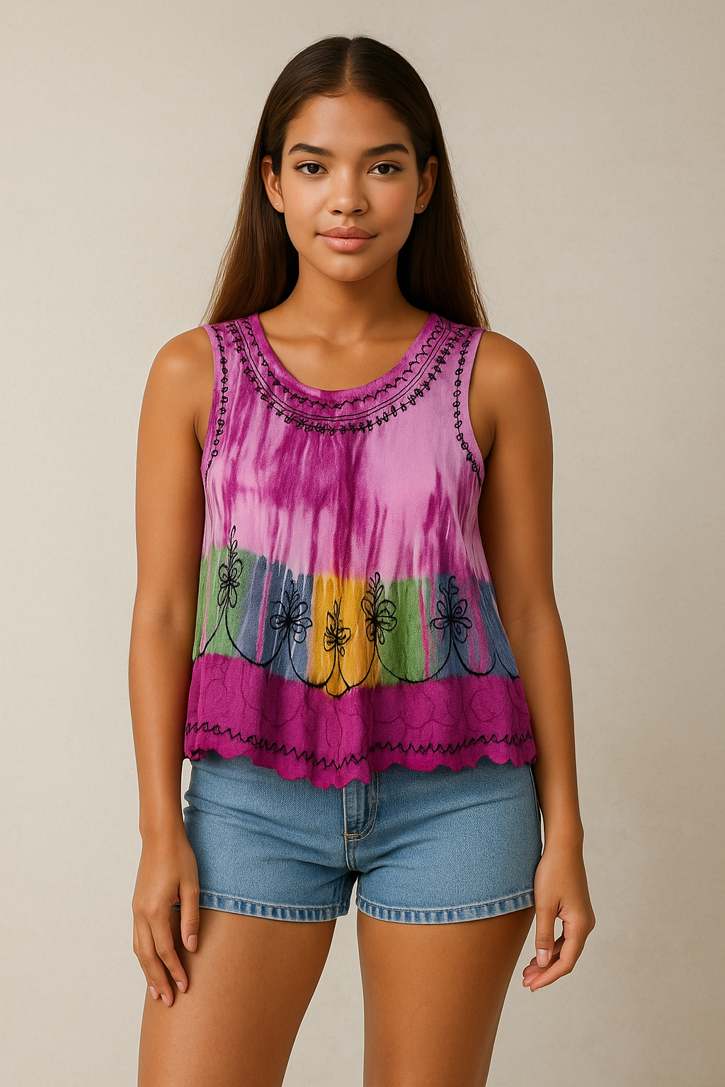 Unexpectedly You Orchid Bloom Embroidered Rainbow Tank Top