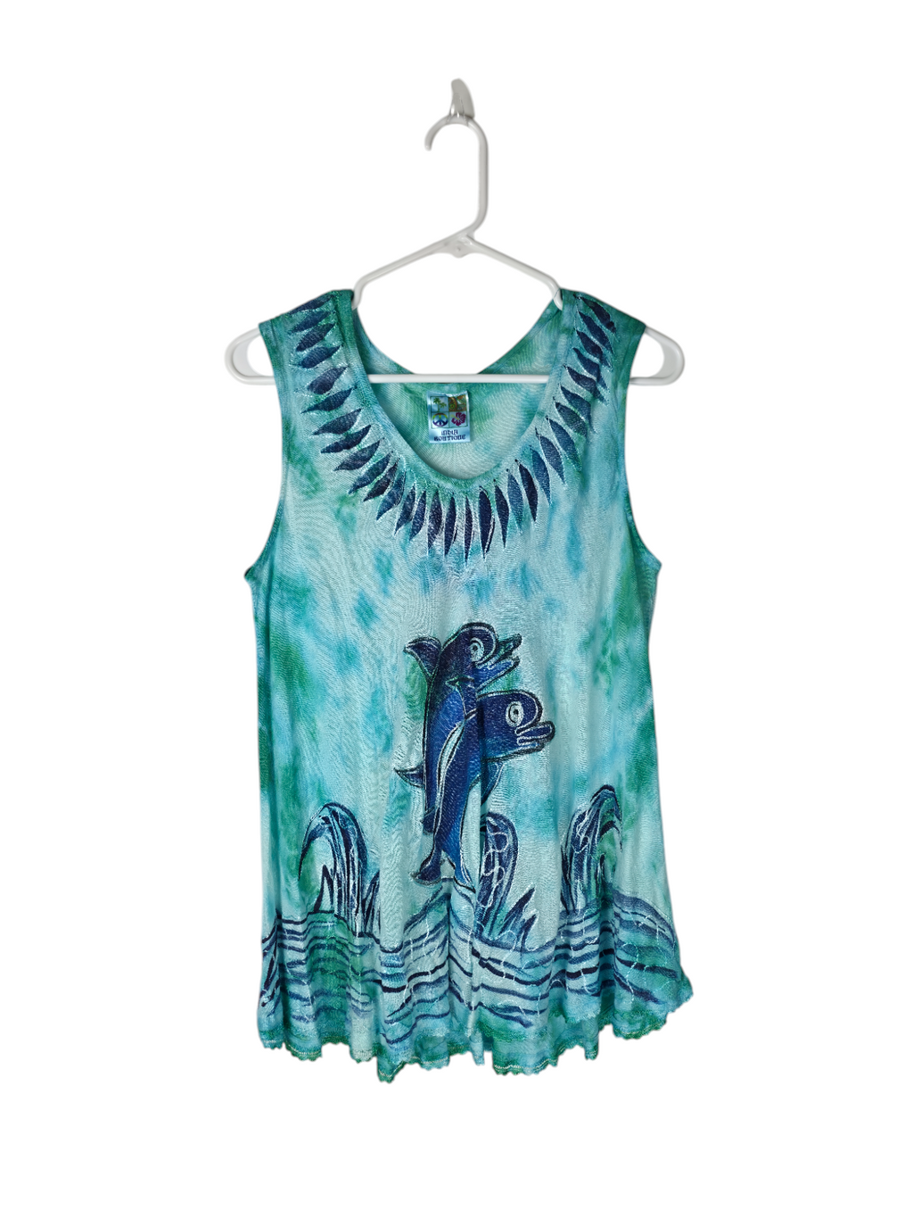 Aqua Breeze Dolphin Art Sleeveless Top — clean product image